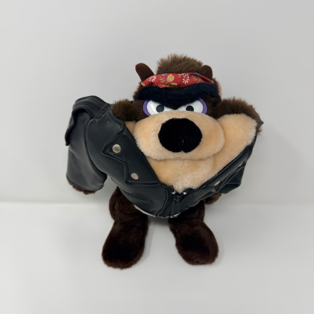 VTG Warner Bros  Taz Tasmanian Devil Biker Jacket Plush Stuffed Toy Looney Tunes